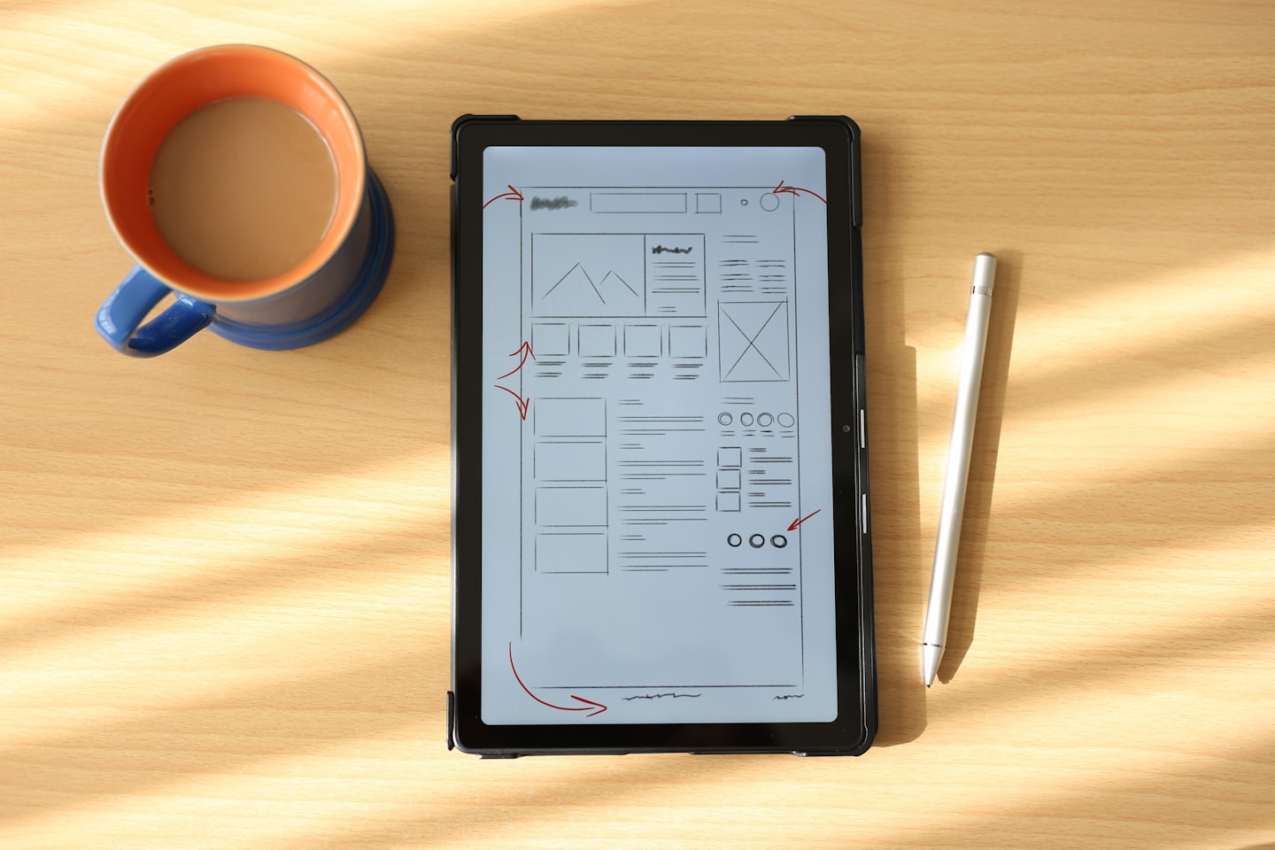 Tablet z makietą strony internetowej na drewnianym biurku z kubkiem kawy.